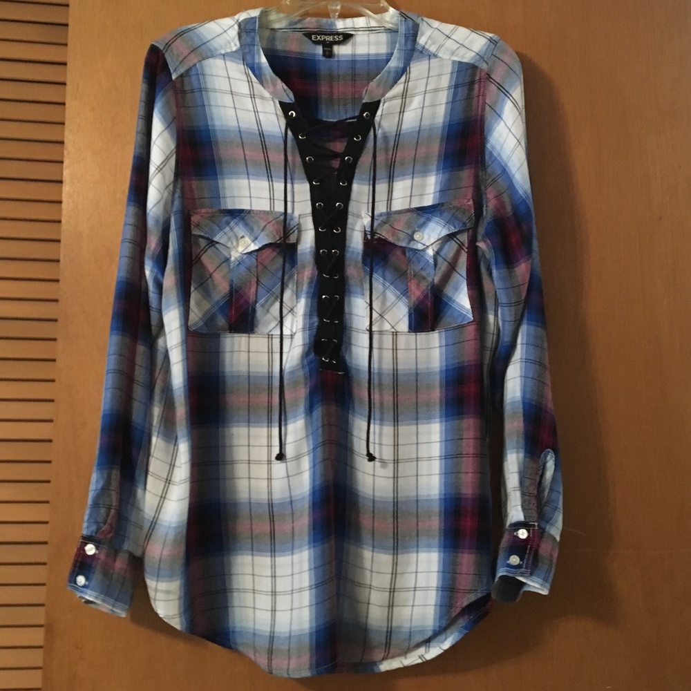 Express plaid long sleeve shirt with drawstring detail